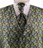 Green Passion Floral Classical Tuxedo Waistcoat+Cravat+Hanky