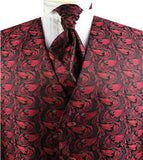 Burgundy Passion Floral Classical Tuxedo Waistcoat+Cravat+Hanky