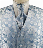 Sky Blue Flower Wedding Adjustable Belt Back Waistcoat+Cravat+Hanky