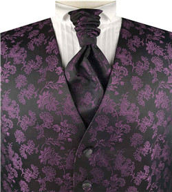 Purple&Black Little Floral Classical Tuxedo Waistcoat+Cravat+Hanky