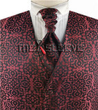 Burgundy Leaf Adjustable Belted Back Waistcoat+Cravat+Hanky