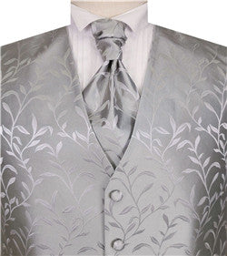 Grey Shining  Leaf  Wedding Tuxedo Waistcoat+Cravat+Hanky