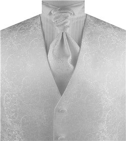 White Lurex Yarn Leaf Tuxedo Waistcoat+Hanky+Cravat