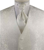 Ivory Lurex Yarn Leaf Tuxedo Waistcoat+Cravat+Hanky