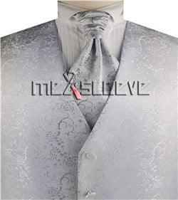 Silver Lurex Yarn Leaf Tuxedo Waistcoat+Cravat+Hanky