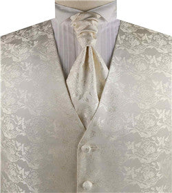 Ivory Lurex Yarn Flower Classical Tuxedo Waistcoat+Cravat+Hanky