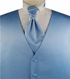 Solid Dark Sky Blue Plain Fabric Classical Tuxedo Waistcoat+Cravat+Hanky