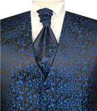 Blue Navy Leaf Pattern Microfiber Wedding Tuxedo Waistcoat+Cravat+Hanky