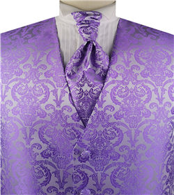 Purple&Silver Paisley Classical Bridegroom Waistcoat+Cravat+Hanky
