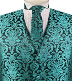 Turquoise Green & Black Paisley Classical Waistcoat+Necktie+Bowtie+Hanky for Suit/Dress