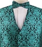 Turquoise Green & Black Paisley Classical Waistcoat+Necktie+Bowtie+Hanky for Suit/Dress