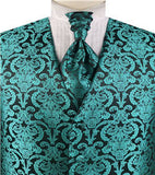 Turquoise Green Paisley Classical Bridegroom Waistcoat+Cravat+Hanky