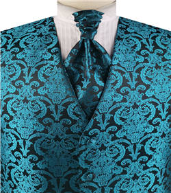 Peacock Blue Paisley Classical Bridegroom Waistcoat+Cravat+Hanky