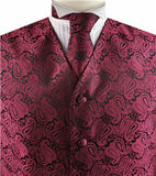 Burgundy Paisley Classical Tuxedo V-neck Waistcoat+Necktie+Hanky