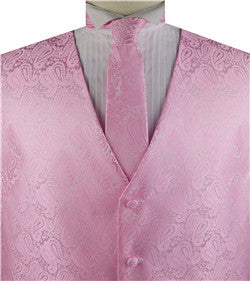 Pink Paisley Classical TuxedoV-neck Waistcoat+Necktie+Hanky