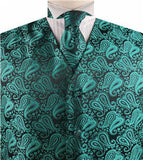 Peacock Green Paisley Classical Tuxedo V-neck Waistcoat+Necktie+Hanky