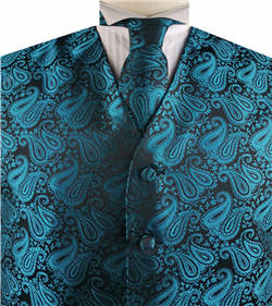 Turquoise Paisley Classical Tuxedo V-neck Waistcoat+Necktie+Hanky