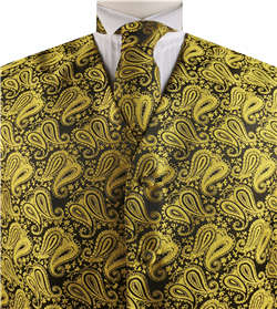 Yellow Paisley Classical Tuxedo V-neck Waistcoat+Necktie+Hanky