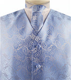 Sky Blue Paisley Classical Tuxedo V-neck Waistcoat+Necktie+Hanky