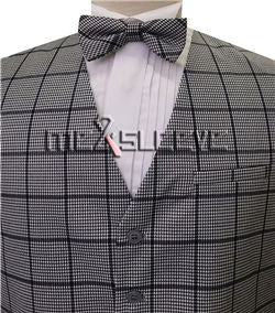 Grey Navy Men's Formal Viscose Grid Suit/Wedding Groom's Waistcoat with Bowtie