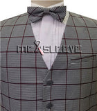 Grey Burgundy Men's Formal Viscose Grid Suit/Wedding Groom's Waistcoat with Bowtie