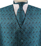 Peacock Blue Small Paisley Classical Waistcoat+Necktie+Bowtie+Hanky for Suit/Dress