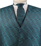 Dark Peacock Blue Paisley Microfiber Wedding Bridegroom Waistcoat+Necktie+Bowtie+Hanky