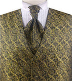 Yellow&Black Paisley Classical  Business/Tuxedo/Suit Waistcoat+Cravat+Hanky