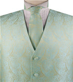 Gold&Light Aque Green Paisley Business Waistcoat+Necktie+Bowtie+Hanky for Tuxedo