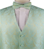 Gold&Light Aque Green Paisley Business Waistcoat+Necktie+Bowtie+Hanky for Tuxedo