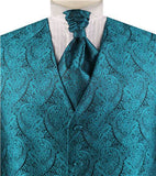 Peacock Blue Paisley Classical Bridegroom Waistcoat+Cravat+Hanky