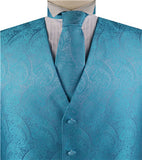 Aqua Paisley Business Waistcoat+Necktie+Bowtie+Hanky for Tuxedo