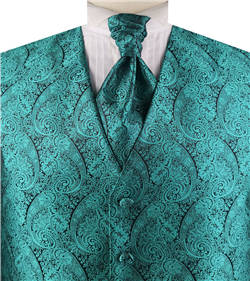 Turquoise Green Paisley Classical Bridegroom Waistcoat+Cravat+Hanky