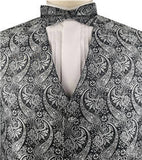 Black&White Paisley Business Waistcoat+Necktie+Bowtie+Hanky for Tuxedo