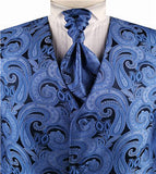 Blue Big Paisley Classical Bridegroom Waistcoat+Cravat+Hanky