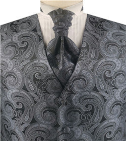 Grey&Black Big Paisley Classical Bridegroom Waistcoat+Hanky+Cravat