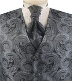 Grey&Black Big Paisley Classical Bridegroom Waistcoat+Hanky+Cravat