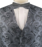 Grey&Black Big Paisley Classical Bridegroom Waistcoat+Hanky+bowtie