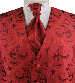 Red Big Paisley Classical Bridegroom Waistcoat+Cravat+Hanky