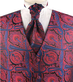 Red&Blue  Big Paisley Classical Tuxedo Waistcoat+Cravat+Hanky