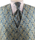 Blue&Yellow Colorful Paisley Classical Wedding Waistcoat+Cravat+Hanky