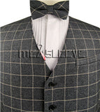 Grey & Brown Chequer Wool Stripe Classical Luxury Business Waistcoat+Bowtie