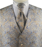 Beige&Navy Colorful Paisley Classical Wedding Waistcoat+Cravat+Hanky