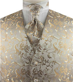 Beige Passion Floral Classical Wedding Waistcoat+Hanky+Cravat (or Bowtie)