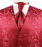 Red Passion Floral Classical Wedding Waistcoat+Cravat+Hanky