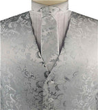 Silver Lurex Yarn Flower Wedding Tuxedo Waistcoat+Necktie+Hanky