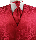 Red Shining Flower Wedding Tuxedo Waistcoat+Cravat+Hanky