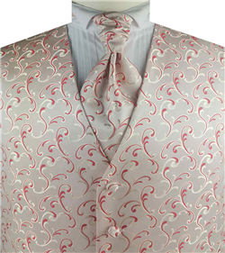 Red&Ivory Even Swirl Classical Wedding Waistcoat+Cravat+Hanky