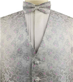 Pink&Silver Little Floral Classical Wedding Waistcoat+Bowtie+Hanky