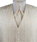 Ivory Even Swirl With Gold Lurex Dot Classical Tuxedo Waistcoat +Cravat +Hanky